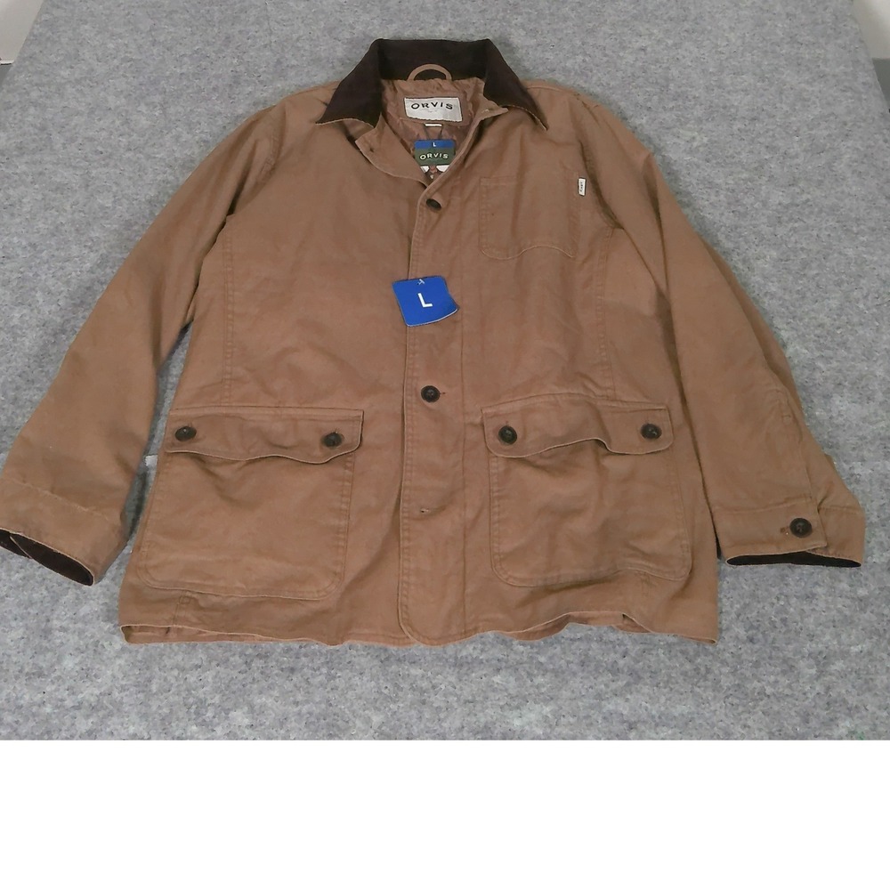 Orvis Mens Barn Jacket Brown Canvas Corduroy Collar Quilted Lining Size L NWT